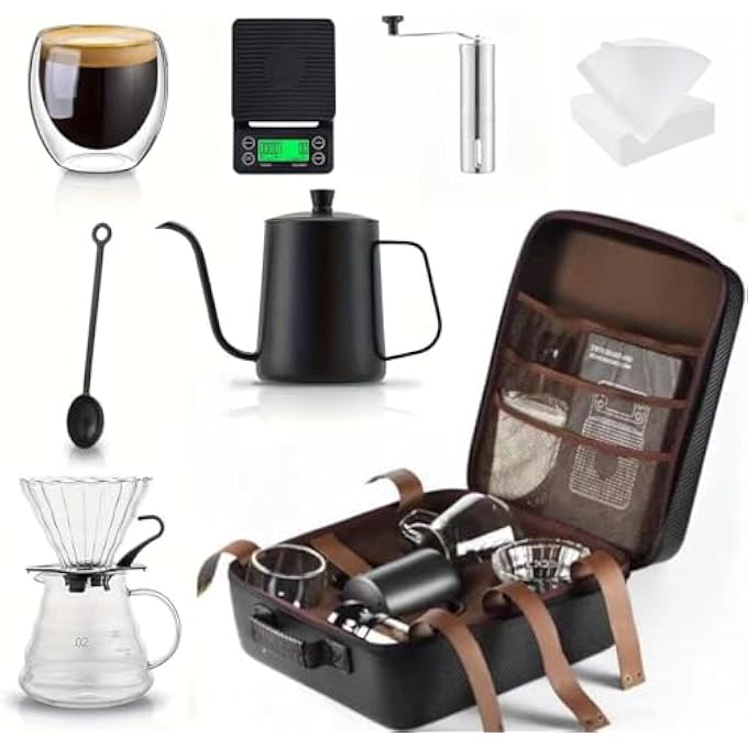 rayihni Coffee Maker Set 10 Pack V60 Pour Over Drip Coffee Set Coffee Serving Sets Travel Coffee Kit With Coffee Grinder Server Kettle Filter Scale  Glass Drip Funnle SetAll In Gift Bag - Image 1