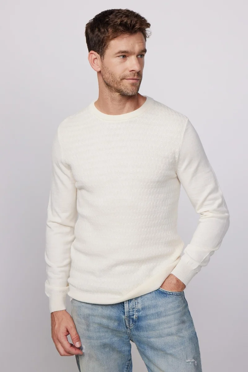 Tudors Slim Fit Crew Neck Self Patterned Ecru Men's Sweater