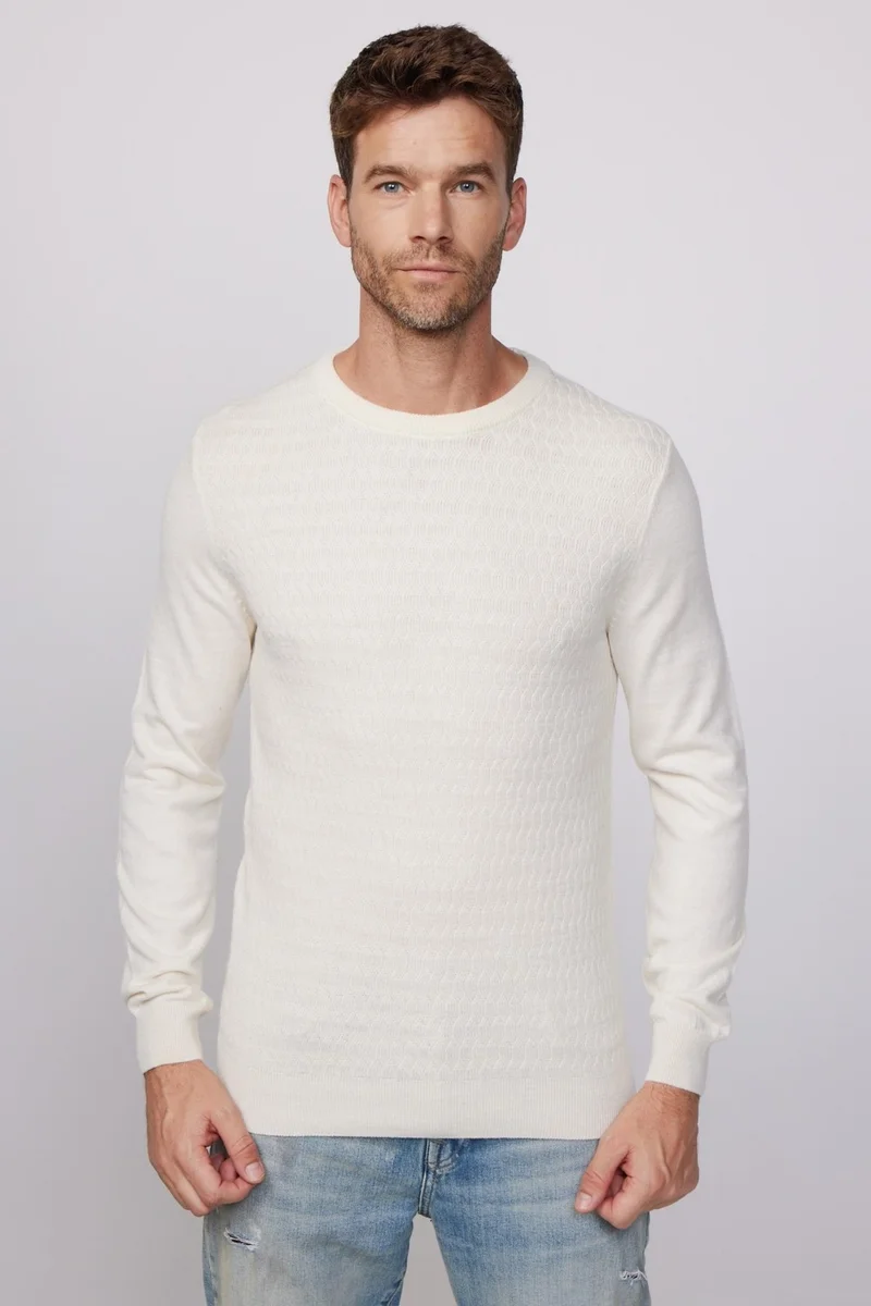 Tudors Slim Fit Crew Neck Self Patterned Ecru Men's Sweater