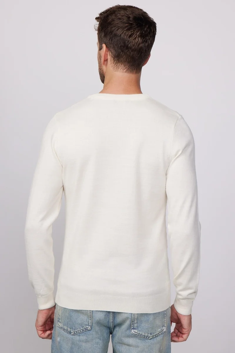 Tudors Slim Fit Crew Neck Self Patterned Ecru Men's Sweater