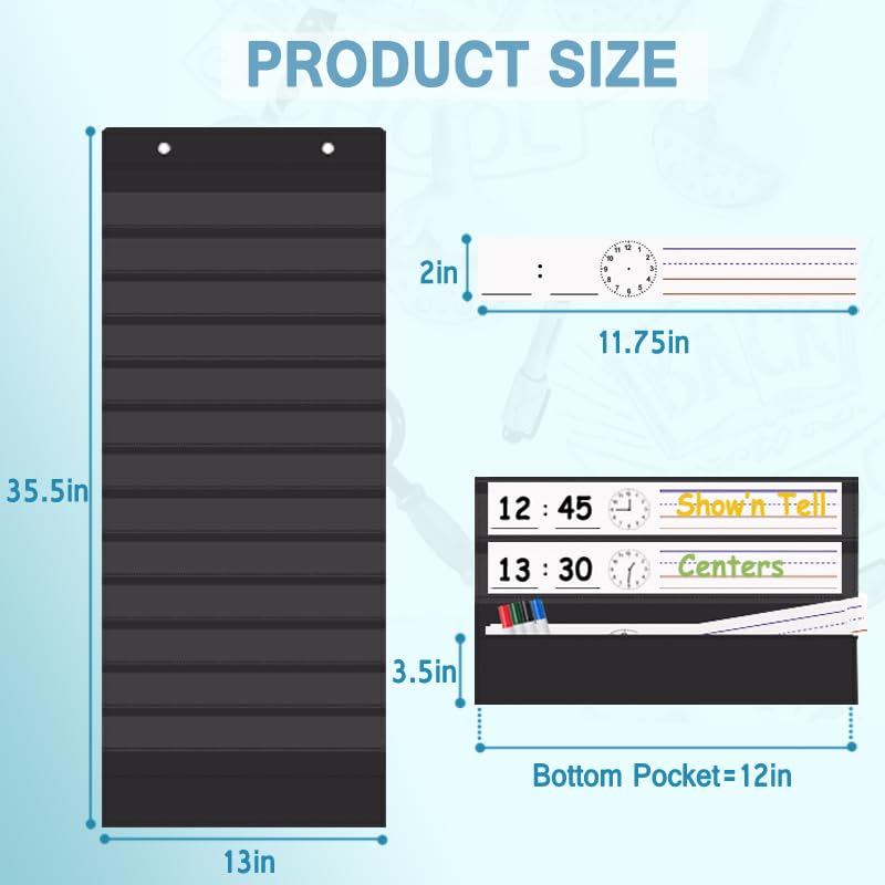 TOGETRUE Classroom Schedule Pocket Chart, Double Sided Daily Schedule with 18 Erasable Cards, 13+1 Pockets, Visual Pocket Chart for Classroom, Home, Office, 35.5" X 13" - Image 2