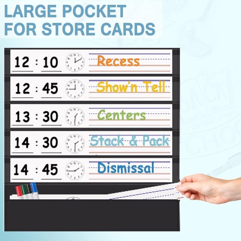 TOGETRUE Classroom Schedule Pocket Chart, Double Sided Daily Schedule with 18 Erasable Cards, 13+1 Pockets, Visual Pocket Chart for Classroom, Home, Office, 35.5" X 13" - Image 4