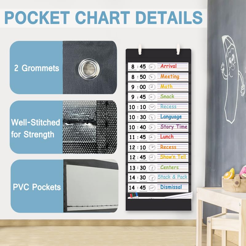 TOGETRUE Classroom Schedule Pocket Chart, Double Sided Daily Schedule with 18 Erasable Cards, 13+1 Pockets, Visual Pocket Chart for Classroom, Home, Office, 35.5" X 13" - Image 3