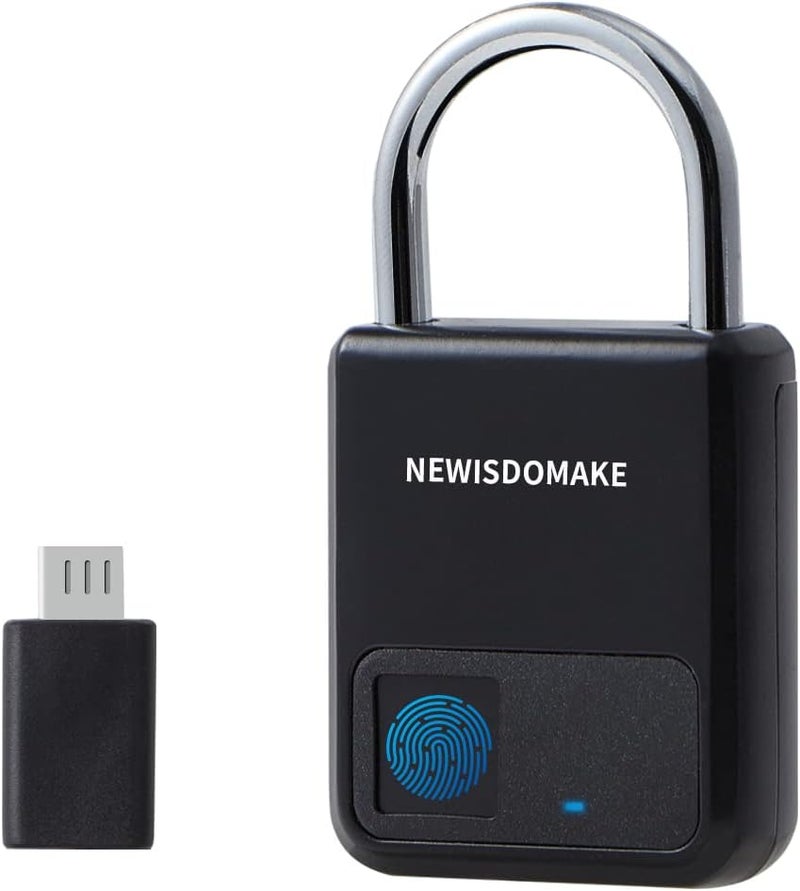 Newisdomake Fingerprint Padlock, Smart Padlock with USB Charging Support, Fingerprint Lock, Biometric Lock Suitable for Luggage, Bookcase, Suitcase, Backpack, Bike, School Locker, Gym Locker Lock(Black) - Image 1