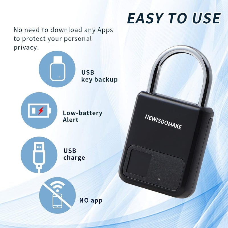 Newisdomake Fingerprint Padlock, Smart Padlock with USB Charging Support, Fingerprint Lock, Biometric Lock Suitable for Luggage, Bookcase, Suitcase, Backpack, Bike, School Locker, Gym Locker Lock(Black) - Image 3