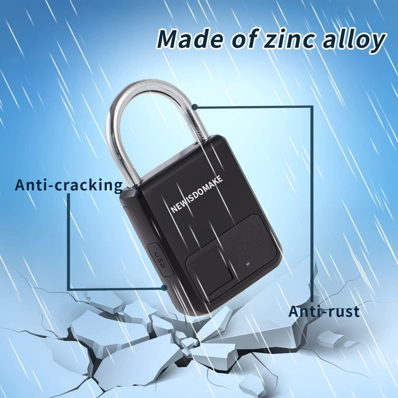 Newisdomake Fingerprint Padlock, Smart Padlock with USB Charging Support, Fingerprint Lock, Biometric Lock Suitable for Luggage, Bookcase, Suitcase, Backpack, Bike, School Locker, Gym Locker Lock(Black) - Image 4