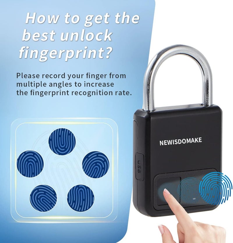 Newisdomake Fingerprint Padlock, Smart Padlock with USB Charging Support, Fingerprint Lock, Biometric Lock Suitable for Luggage, Bookcase, Suitcase, Backpack, Bike, School Locker, Gym Locker Lock(Black) - Image 5