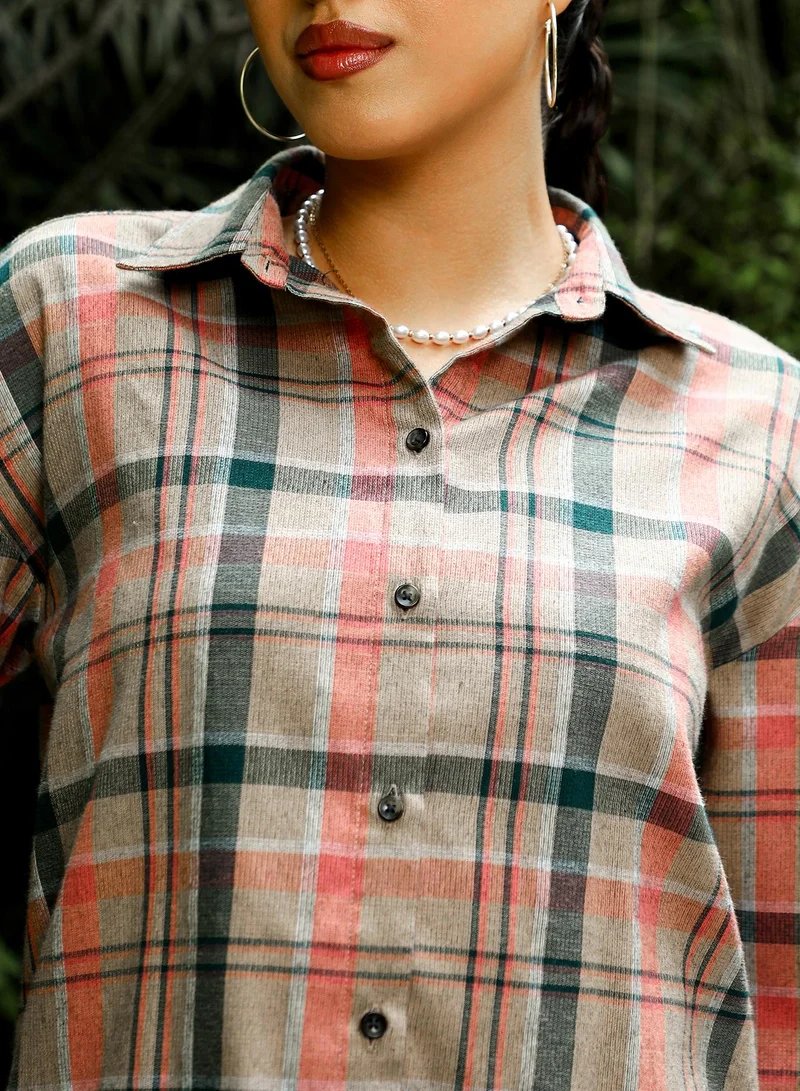 Pinacolada  Women's Tan Brown Brushed-Plaid Oversized Shirt for Women | Best Price UAE