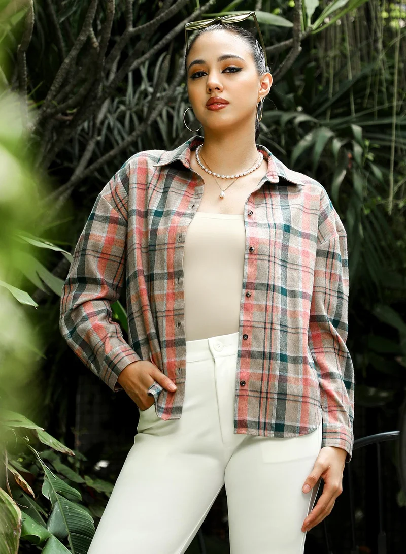 بينيا كولادا Women's Tan Brown Brushed-Plaid Oversized Shirt