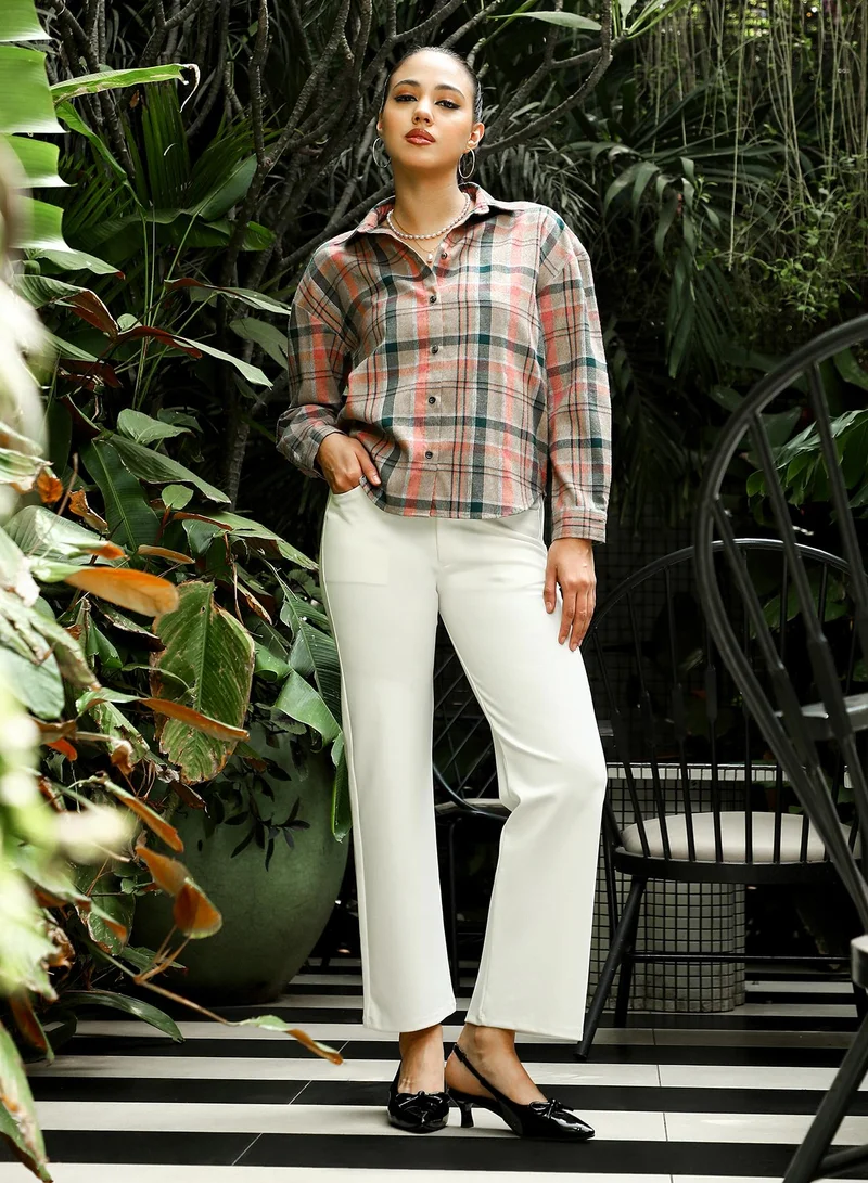 Pinacolada  Women's Tan Brown Brushed-Plaid Oversized Shirt for Women | Best Price UAE