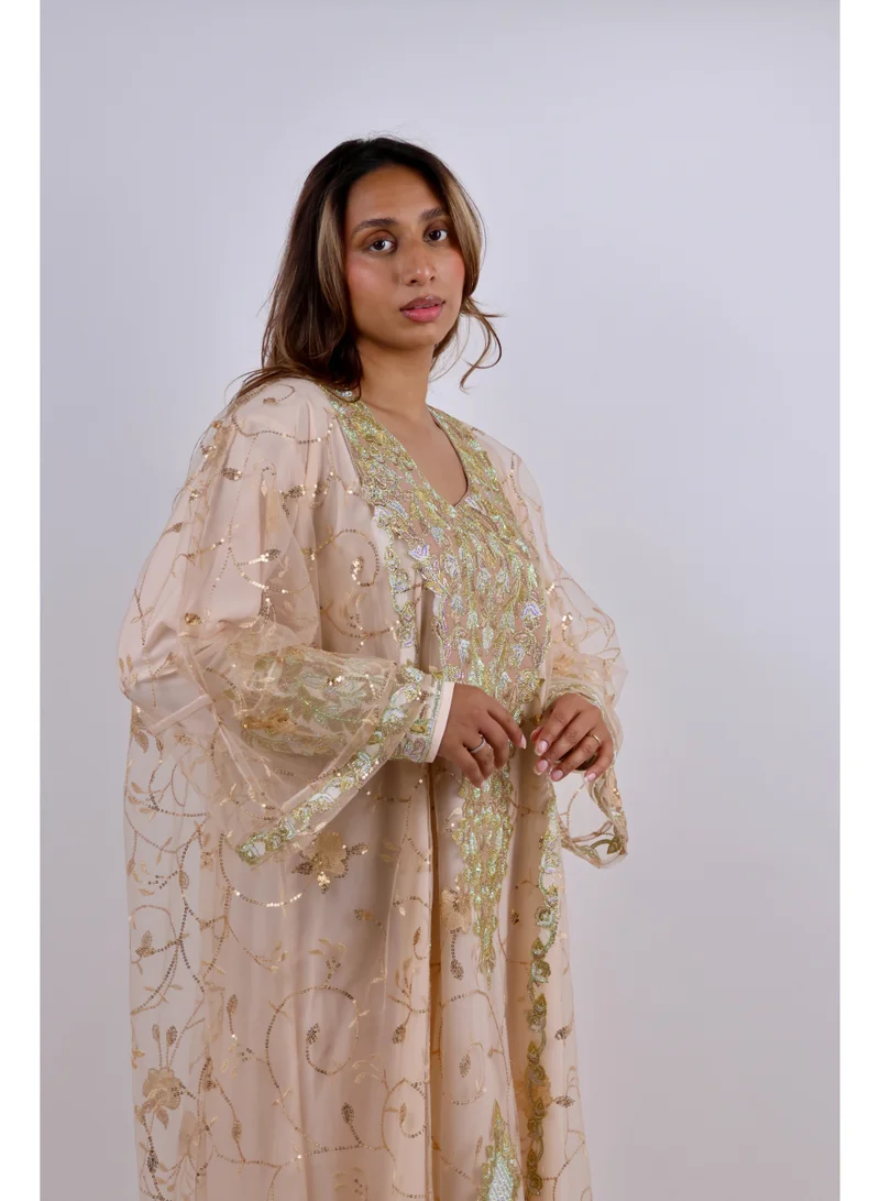 Jameela Premium Dual-Layer Beige-Gold Jalabiya with Intricate Metallic Embroidery