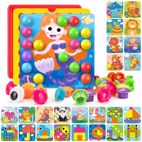 Geekper 96 PCS Button Art Toys for Toddlers Color Matching Mosaic Pegboard Early Learning Educational Toys for 3 4 5 6 Year Old Kids Boys and Girls Gifts Including 24 Pictures and 72 Buttons - Image 1
