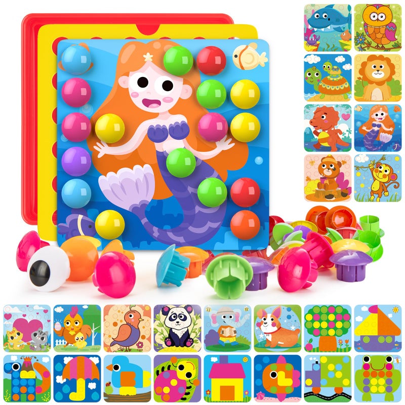 Geekper 96 PCS Button Art Toys for Toddlers Color Matching Mosaic Pegboard Early Learning Educational Toys for 3 4 5 6 Year Old Kids Boys and Girls Gifts Including 24 Pictures and 72 Buttons - Image 2