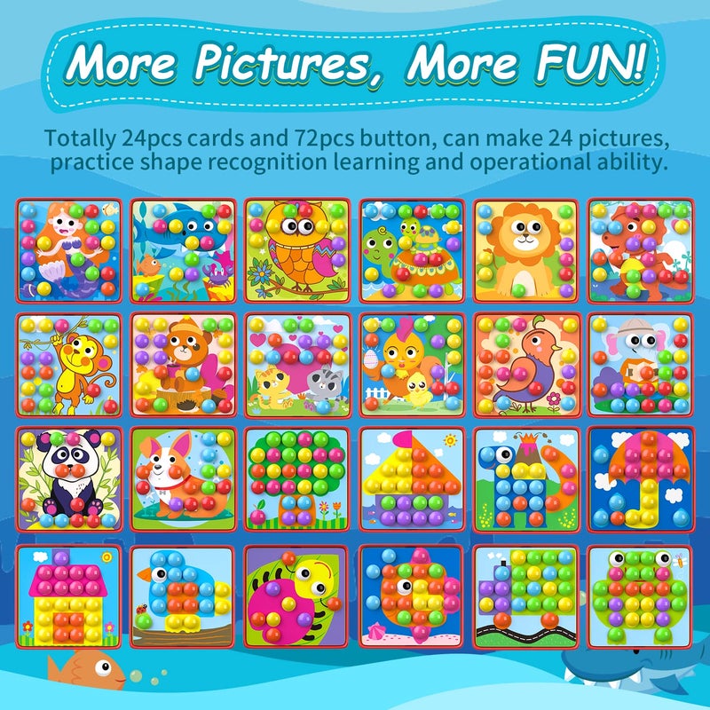 Geekper 96 PCS Button Art Toys for Toddlers Color Matching Mosaic Pegboard Early Learning Educational Toys for 3 4 5 6 Year Old Kids Boys and Girls Gifts Including 24 Pictures and 72 Buttons - Image 3