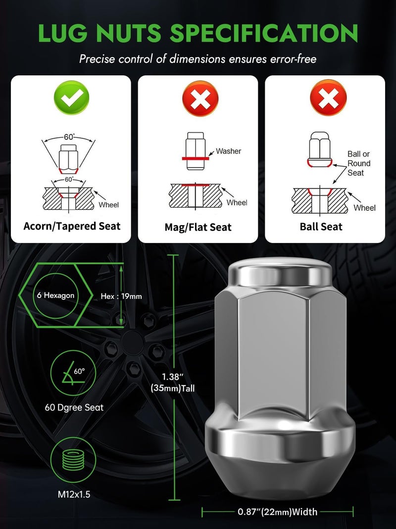 AUTOPTIM M12x1.5 Wheel Lug Nuts - Replacement for 2006-2020 Ford Fusion 2000-2018 Focus 2001-2023 Escape, 2006-2017 Jeep Compass Patriot, Chevy Equinox Malibu Aftermarket Wheel, 20PCS Chrome Closed End Lug Nut - Image 2