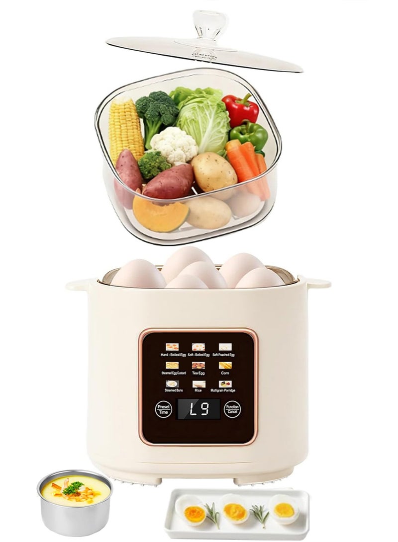 TDAO 5-Pieces 300W Intelligent Constant Temperature Timer Electric Egg Steamer, with the Steamer, Egg Holder, Stainless Steel Steaming Bowl and a Glass Cover, Egg Cooker, Egg Boiler, Multifunctional Timed Egg Cooking, Rice and Steaming, with Multiple Accessories, Very Suitable for Home Kitchens and Dormitories - Smart Food Steamer, Automatic Closing Beige - Image 1