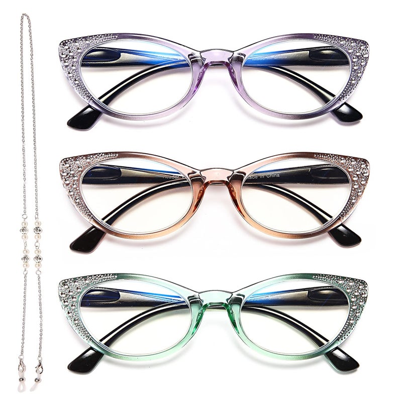 EYEURL Cat Eye Reading Glasses for Women Blue Light Blocking 3 Pack Ladies Fashion Readers with Flexible Spring Hinges AntiGlareUV Rays 150 Eyeglasses BrownGreenPurple
