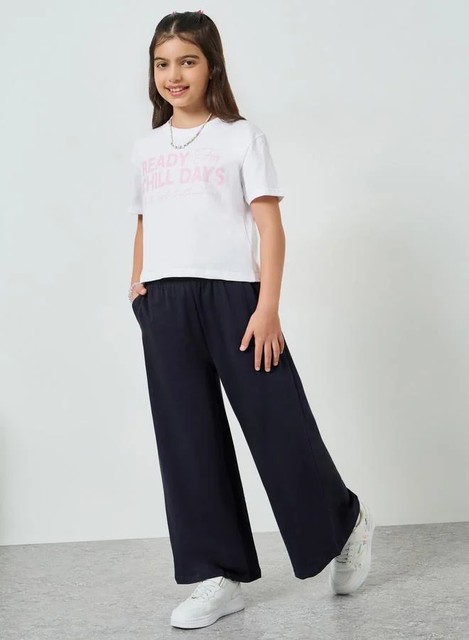 Styli Girls Solid Wide Leg Joggers with Drawstring