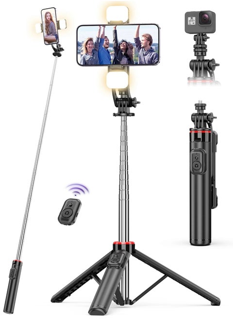 53.15“ Selfie Sticks Tripod,Separate design smartphone tripod Stand with Wireless Remote Control and Double fill light Portable Retractable Cell Phone Tripod for iPhone/Samsung/GoPro/Android Phone