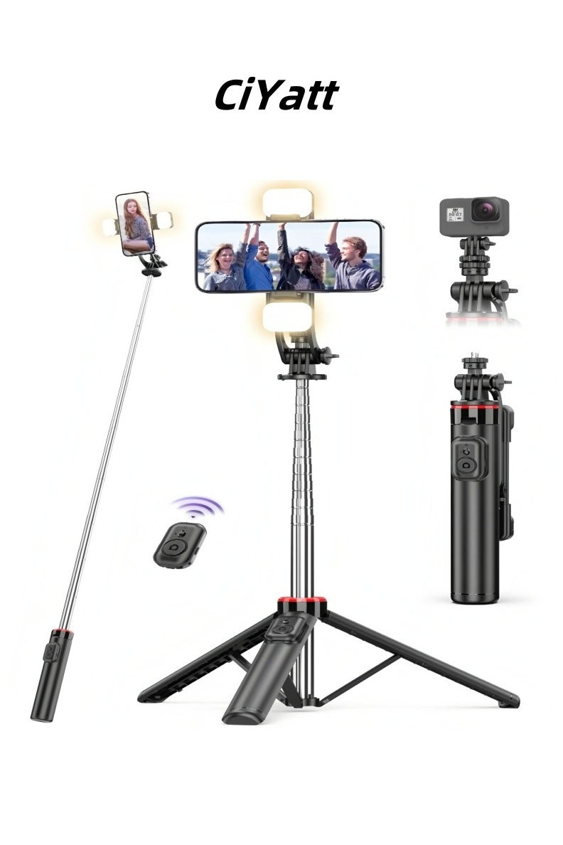 CiYatt 53.15“ Selfie Sticks Tripod,Separate design smartphone tripod Stand with Wireless Remote Control and Double fill light Portable Retractable Cell Phone Tripod for iPhone/Samsung/GoPro/Android Phone  - Image 1