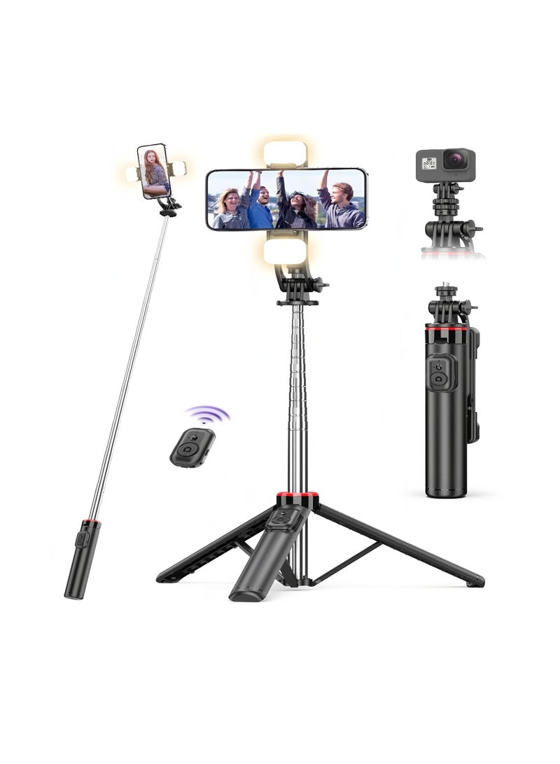 53.15“ Selfie Sticks Tripod,Separate design smartphone tripod Stand with Wireless Remote Control and Double fill light Portable Retractable Cell Phone Tripod for iPhone/Samsung/GoPro/Android Phone - Image 1
