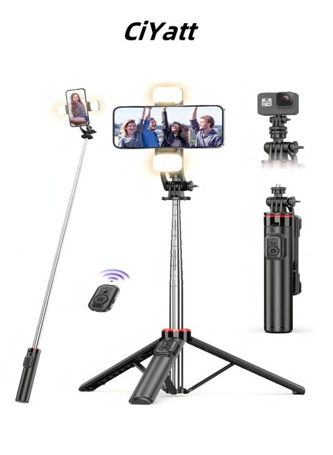 53.14”Selfie Sticks Tripod,Separate design smartphone tripod Stand with Wireless Remote Control and Double fill light Portable Retractable Cell Phone Tripod for iPhone/Samsung/GoPro/Android Phone