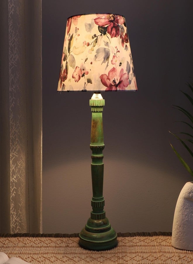 tu casa Classic European Style Inspired Mangowood Aqua Green Table Lamp for Home Decoration, Bedroom, Living Room, Lounge, Office, Study Table (Cobra Saffron Print with Satin Shade) H - 21" / No Blub - Image 1
