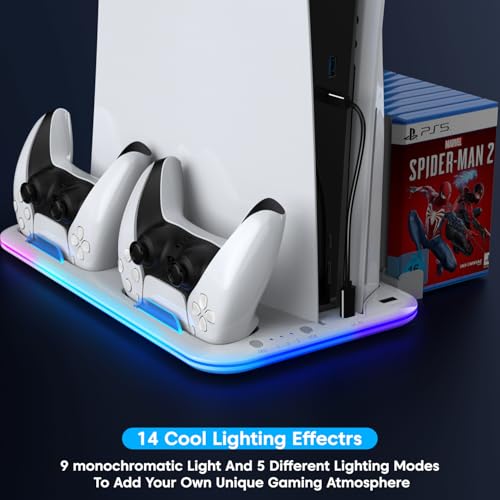 Sounce Glacier Pad RGB PS5 Cooling Stand with Dual Controller Charging Station Vertical Stand with 5200RPM Cooling Fan, RGB Lights Compatible with PS5 Disc/Pro/Digital/Slim Consoles (White) - Image 4