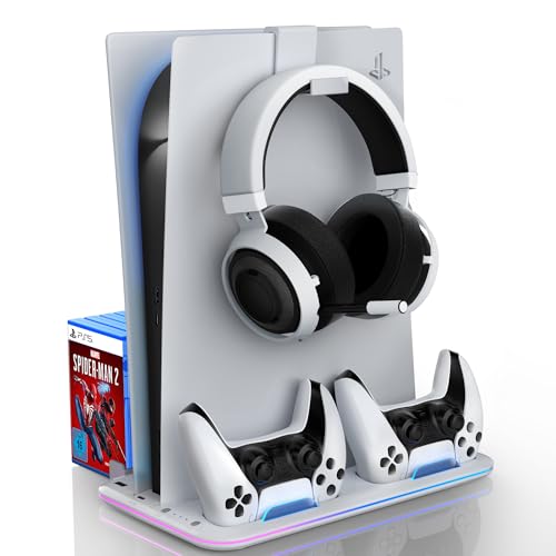 Sounce Glacier Pad RGB PS5 Cooling Stand with Dual Controller Charging Station Vertical Stand with 5200RPM Cooling Fan, RGB Lights Compatible with PS5 Disc/Pro/Digital/Slim Consoles (White) - Image 1