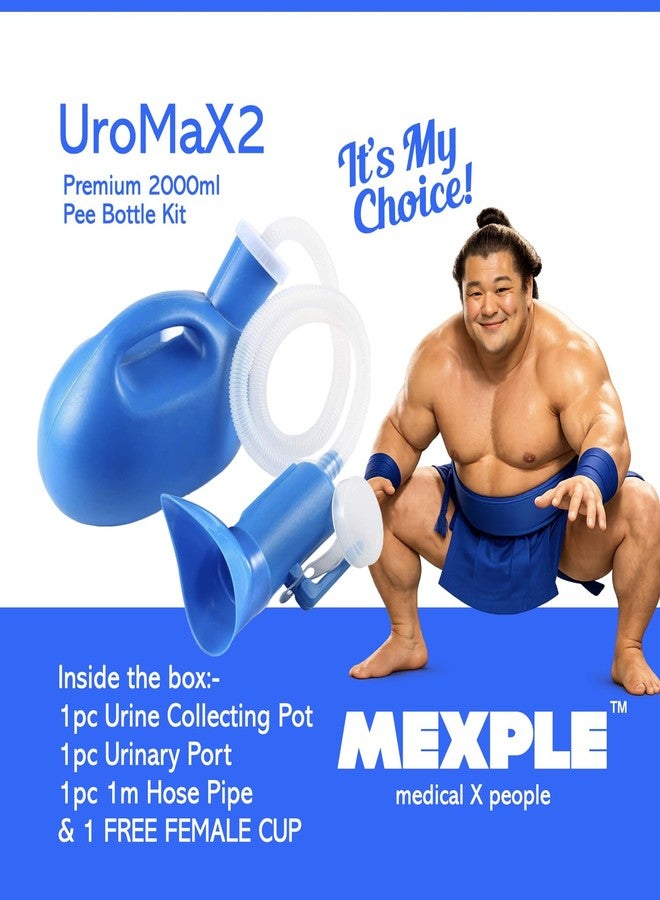 MEXPLE UroMaX2 Urinal Bottle Kit for Bed Ridden Men Women, Safe & Thick Medical Grade Pee Bottle with FREE female cup - 2000ml Urine Collector Pot with 1.6m Hose Pipe for Bedridden Patients, Pregnant Women & Outdoors | Premium Blue Colour - Image 2