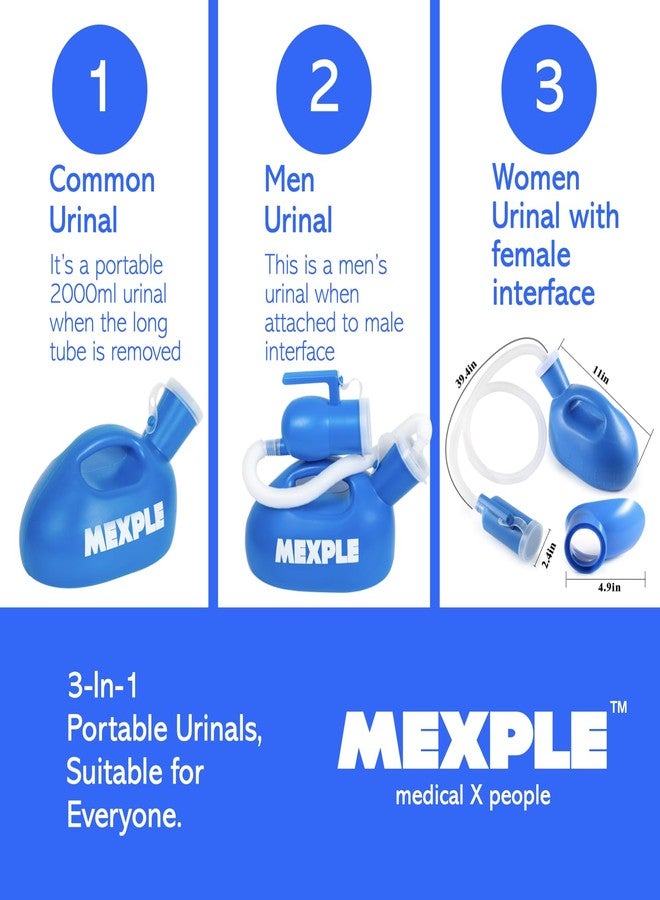 MEXPLE UroMaX2 Urinal Bottle Kit for Bed Ridden Men Women, Safe & Thick Medical Grade Pee Bottle with FREE female cup - 2000ml Urine Collector Pot with 1.6m Hose Pipe for Bedridden Patients, Pregnant Women & Outdoors | Premium Blue Colour - Image 3