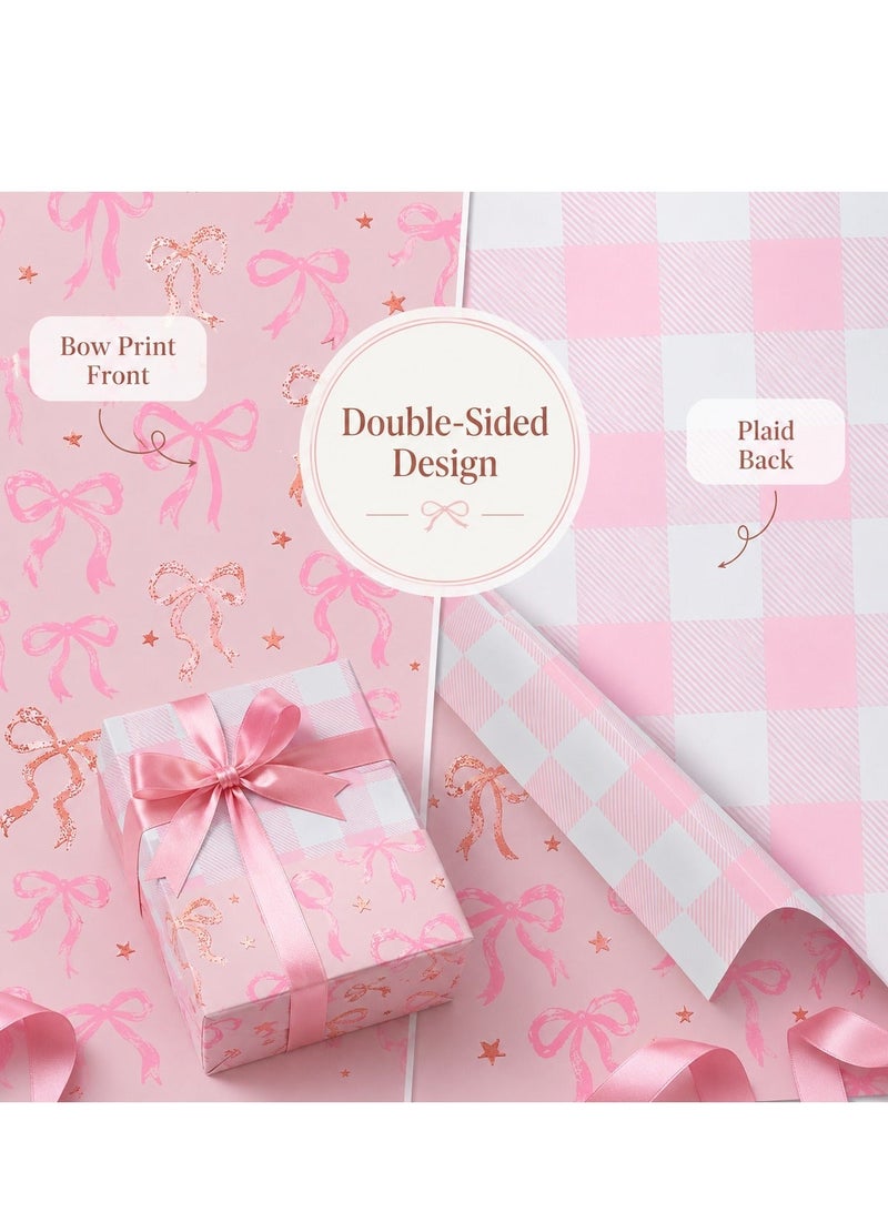 CUNUUDOOL Pink Gift Wrapping Paper Sheet With Silver Pull Bow, Reversible Double Sided Cute Bow And Pink Plaid Gift Wrap Paper, Foil Stamped Bow Design For Girls Baby Shower, Birthday, Wedding, 33 x 84 cm,1PC. - Image 3