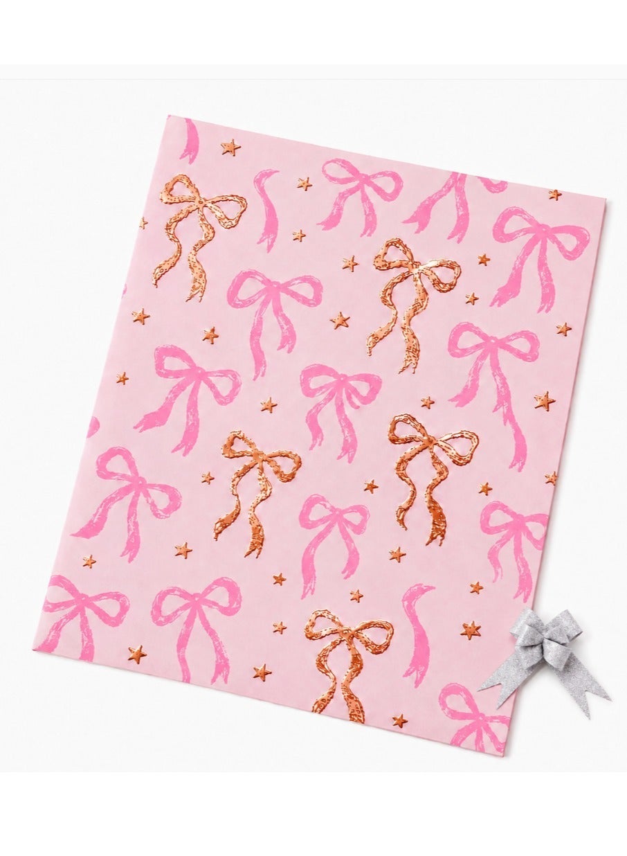 Pink Gift Wrap Paper With a Shiny Silver Ribbon Bow, Cute Bow Gift Wrap, Reversible Plaid Gift Wrapping Paper For Girl Baby Shower, Birthday, Wedding, 50cm x 70cm. 1PC