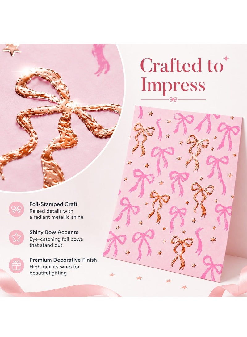 CUNUUDOOL Pink Gift Wrapping Paper Sheet With Silver Pull Bow, Reversible Double Sided Cute Bow And Pink Plaid Gift Wrap Paper, Foil Stamped Bow Design For Girls Baby Shower, Birthday, Wedding, 33 x 84 cm,1PC. - Image 2