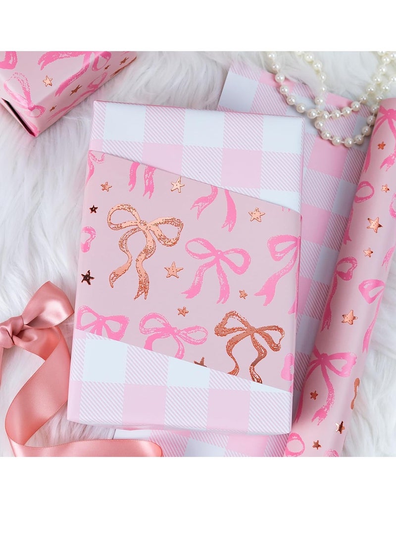 CUNUUDOOL Pink Gift Wrapping Paper Sheet With Silver Pull Bow, Reversible Double Sided Cute Bow And Pink Plaid Gift Wrap Paper, Foil Stamped Bow Design For Girls Baby Shower, Birthday, Wedding, 33 x 84 cm,1PC. - Image 5