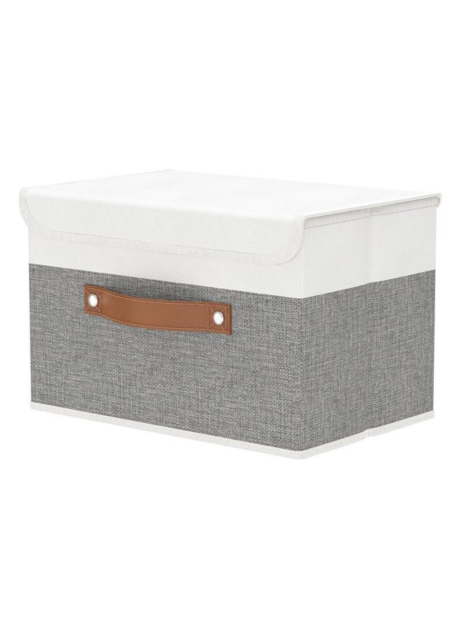 OUTBROS Large Collapsible Storage Box with Lid, Linen Fabric Clothing Shelf Basket Bins Box For Towels, Clothes 38 x 25 x 25 CM (White/Grey, 1-Pack) - Image 1