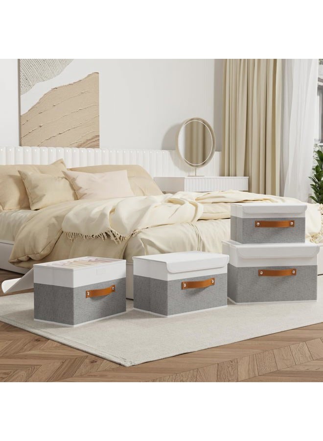 OUTBROS Large Collapsible Storage Box with Lid, Linen Fabric Clothing Shelf Basket Bins Box For Towels, Clothes 38 x 25 x 25 CM (White/Grey, 1-Pack) - Image 2