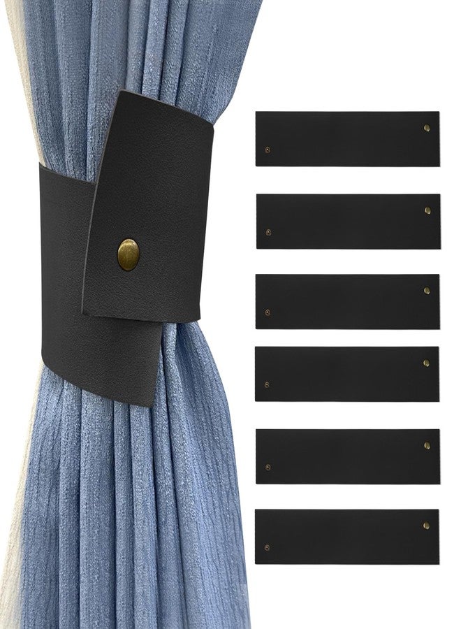Realand 6Pcs Wide PU Leather Curtain Tiebacks, Elegant Buckle Curtain Tie Backs Decorative Curtain Holdbacks Holders for Home Outdoor Curtains and Drapes, Black - Image 1