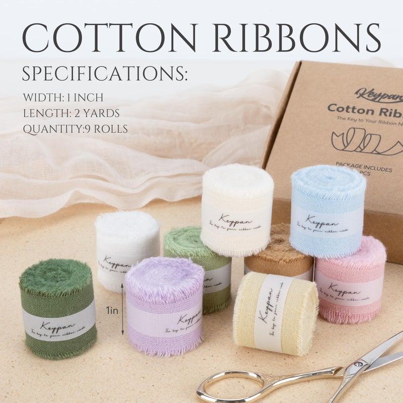 Keypan Cotton Ribbon Mixed Color Set with Frayed Fringe Fabric 9 Rolls 1" x 2 Yards for Gift Wrapping Wedding Invitations Flower Bouquet Baby Shower - Image 2