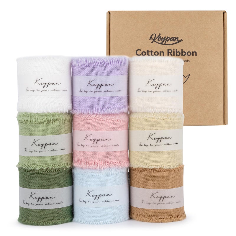 Keypan Cotton Ribbon Mixed Color Set with Frayed Fringe Fabric 9 Rolls 1" x 2 Yards for Gift Wrapping Wedding Invitations Flower Bouquet Baby Shower - Image 1