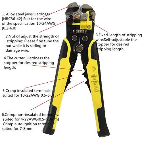 SHB SelfAdjusting Automatic Cable Cutter Crimper 5 in 1 Multipurpose Tool Wire Stripping Cutting Pliers 1024 AWG 0260mm Yellow  - Image 4