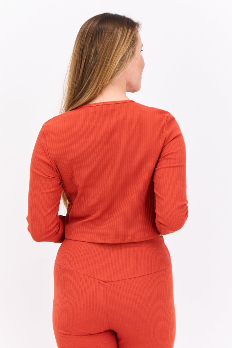 The Giving Movement Women Round Neck Ribbed Cardigan, Rust  - Image 3