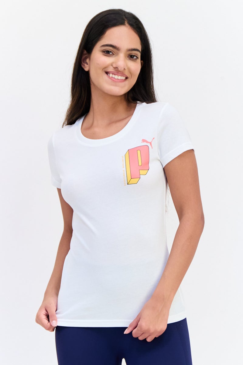 PUMA Women Round Neck Short Sleeve Graphic Print T-Shirt, White  - Image 1