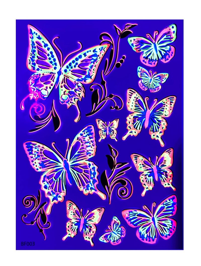 Temporary Tattoos – 1 Sheet Butterfly Design Body Paint Art Blacklight Reactive Light Festival Accessories Glow in the Dark Party Supplies | 7.2” x 5.2” Temp Great for EDM EDC Party Rave Parties