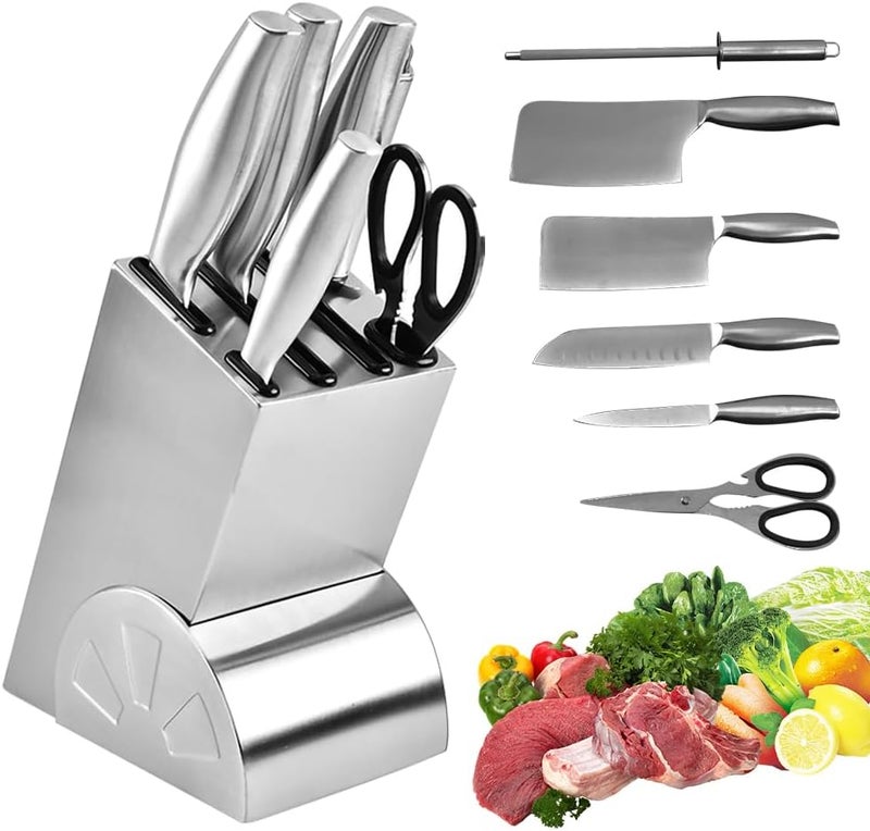 gluckluz Block Knife Sets, Kitchen Knife Kit of 6pcs Kitchen Sharpener Tool Utensil Stainless Steel Knife Set with Block Sharpening Sticks Scissors Meat Vegetable Knives Fruit Knives - Image 1
