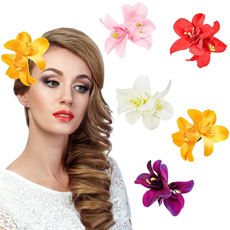ALIMITOPIA Flower Hair Clip Bohemia Hawaiian Fabric Artificial Orchid Flower Hairpin Barrette Headdress Bobby Pins Headwear Hair Accessories(3.5 inches;5pcs) - Image 5
