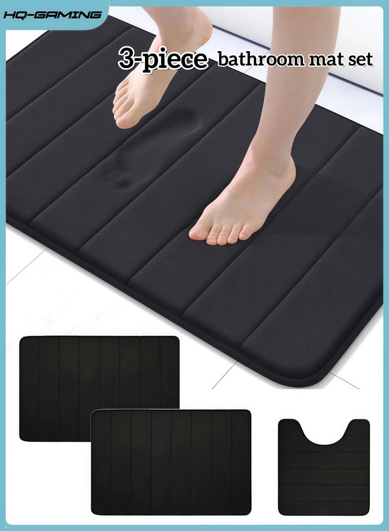HQ-GAMING Coral Fleece Bath Mat Set, Bathroom Rugs 3 Pieces, Toilet Mats, Soft Comfortable, Water Absorption, Non-Slip, Thick, Machine Washable, Easier to Dry for Floor Mats, Black - Image 1