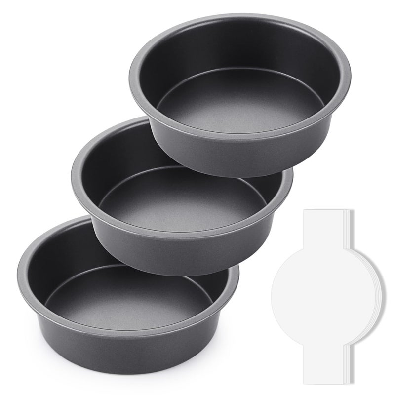 HONGBAKE 8 Inch Round Cake Pan Set for Baking with 100 Pieces Parchment Paper Nonstick Deeper Circle Cake Pans with Wider Grips 3 Pieces Layer Cake Tin Cheesecake Mold Huty Duty  Grey