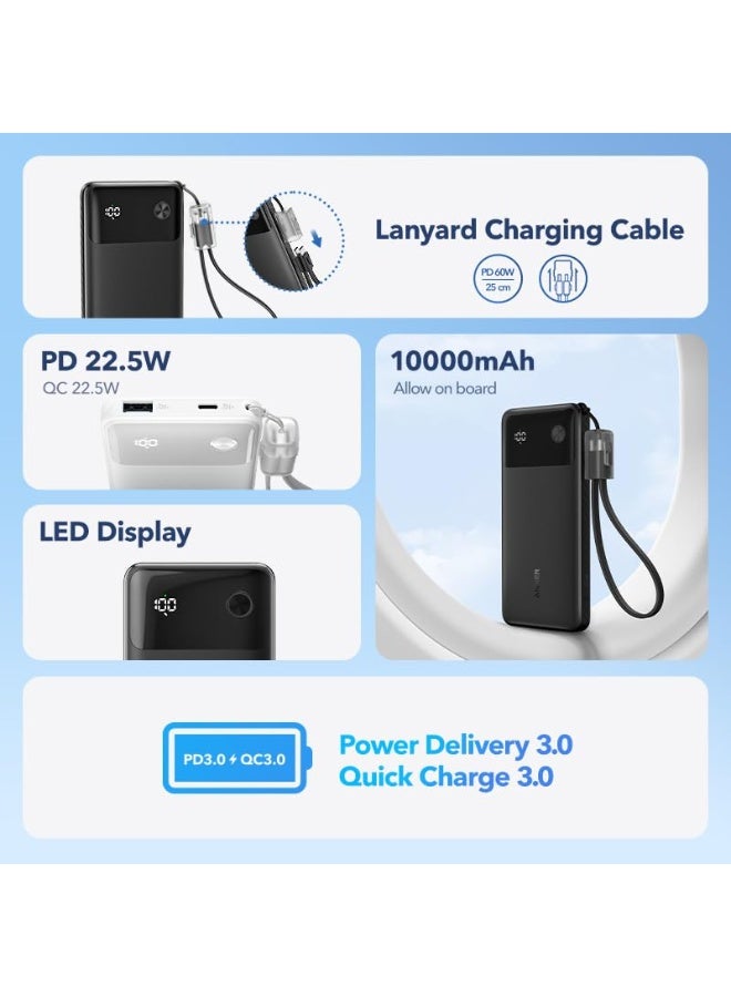 Anker Power Bank 10000mAh 22.5W Portable Charger with USB C Lanyard Cable with 2 Port, 1 USB-C, 1 USB-A Fast Charging for iPhones, iPads, Samsung Smartphones and Other Android Devices - Black - Image 2