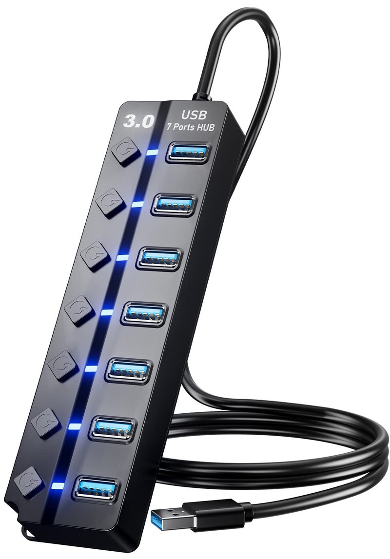 PANPEO USB 3.0 Hub, PANPEO 7-Port USB Data Hub Splitter with 3ft Long Cable USB Extension for Laptop,PC Computer,Surface Pro, PS4/5, Flash Drive, Mobile HDD - with LED Individual On/Off - Image 1